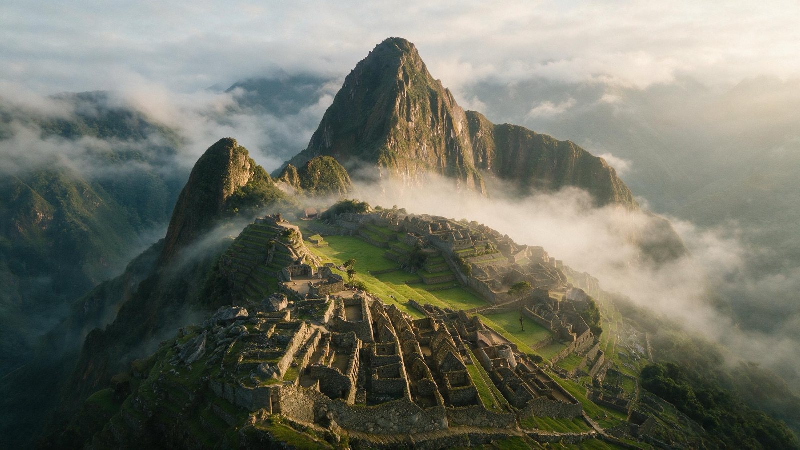 Machu Picchu al amanecer con neblina