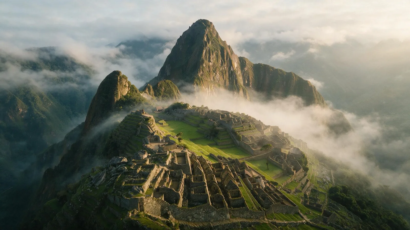 Machu Picchu al amanecer con neblina